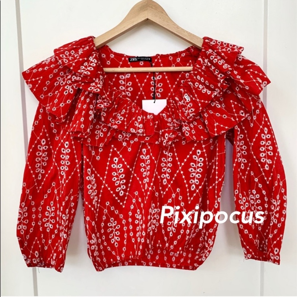 NWT Zara Openwork Embroidered Ruffle Top Red - Picture 8 of 8